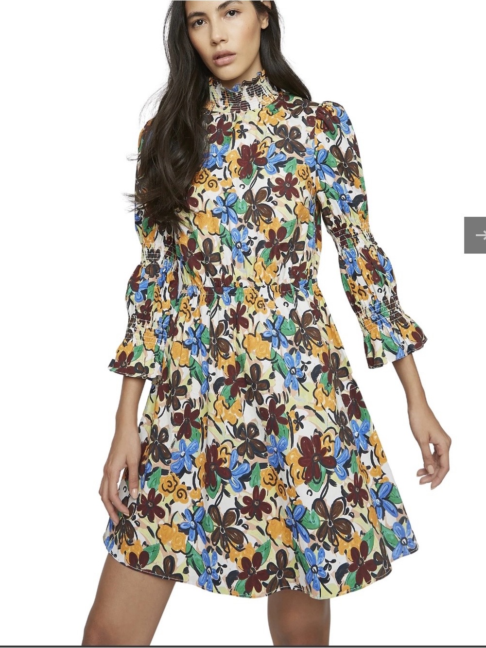 Glamorous Multi-Color Spring Floral Smocked High-Neck Mini Dress, Stretchy Waist